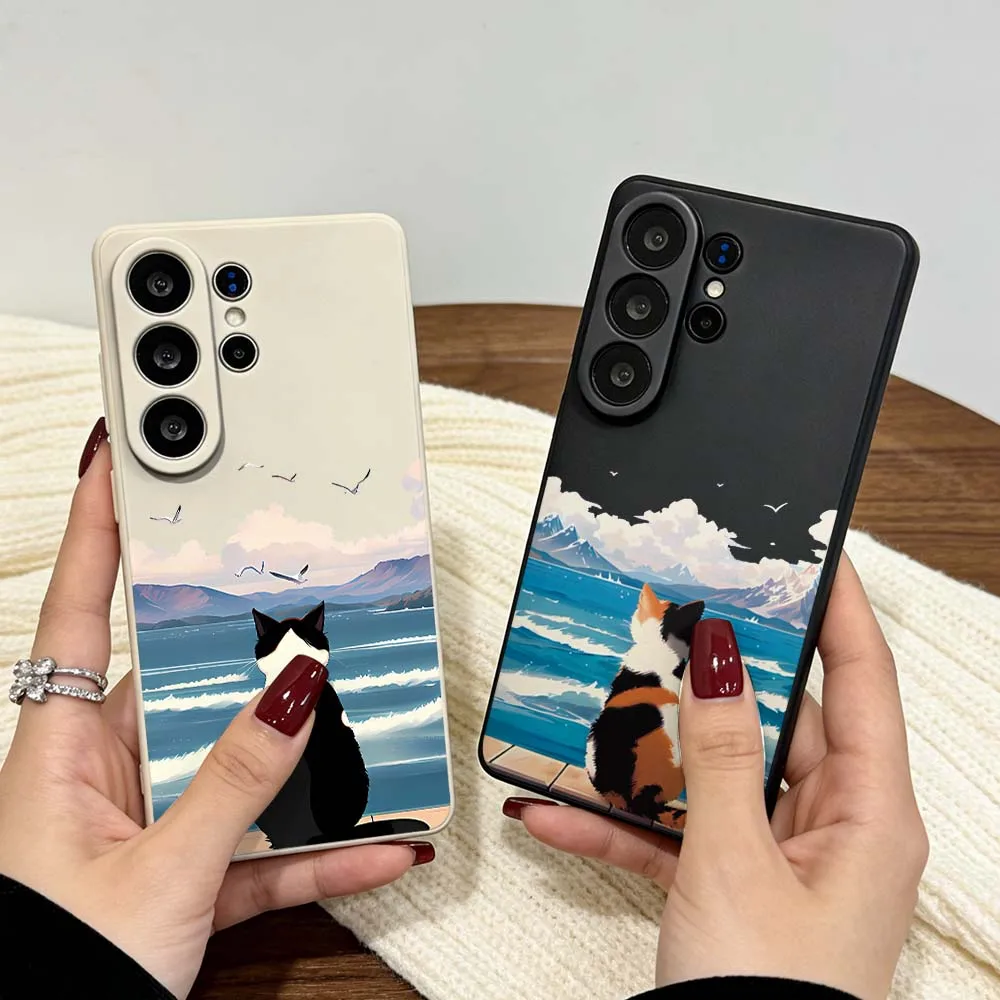 Black White Cat Seagull Cover For Samsung Galaxy S26 S25 S24 S23 Note 10 20 Plus Edge Ultra Lite FE Soft Phone Case