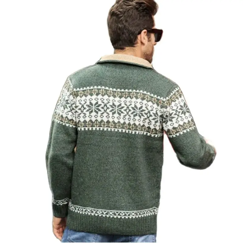 Winter Men\'s Jacquard Sweater Coat Christmas Snowflake Print Knitted Cardigan Turtleneck Full Zip Casual Warm Wool Sweater 5XL