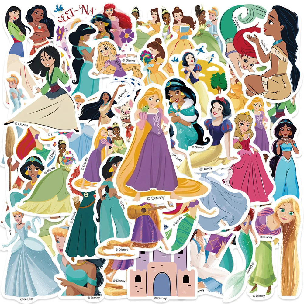 50pcs Cute Mixed Disney Princess Cartoon Stickers Kawaii Ariel Snow White Decals Toys DIY Diary Laptop Reward Decoration Sticker