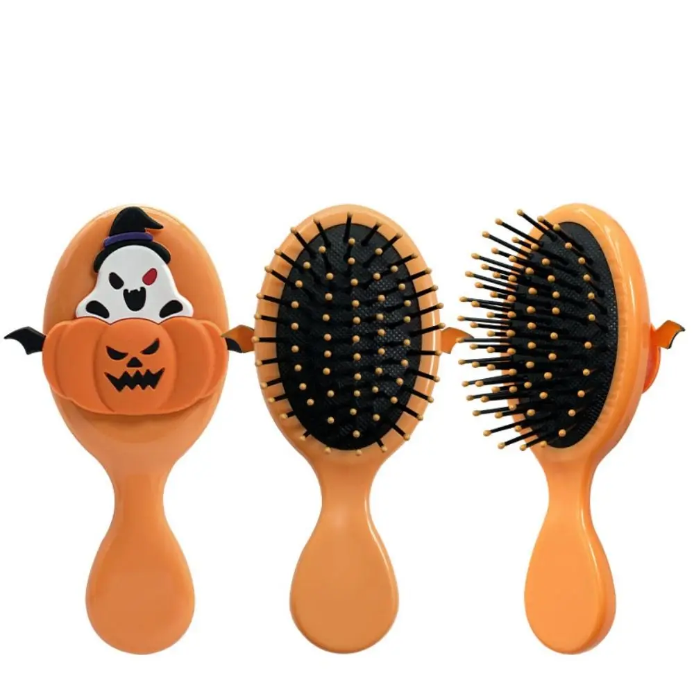 Compact Round Folding Comb with Mirror Anti Static Pumpkin Scalp Air Cushion Comb Cartoon Fine-Tooth Pocket Hair Brush Halloween