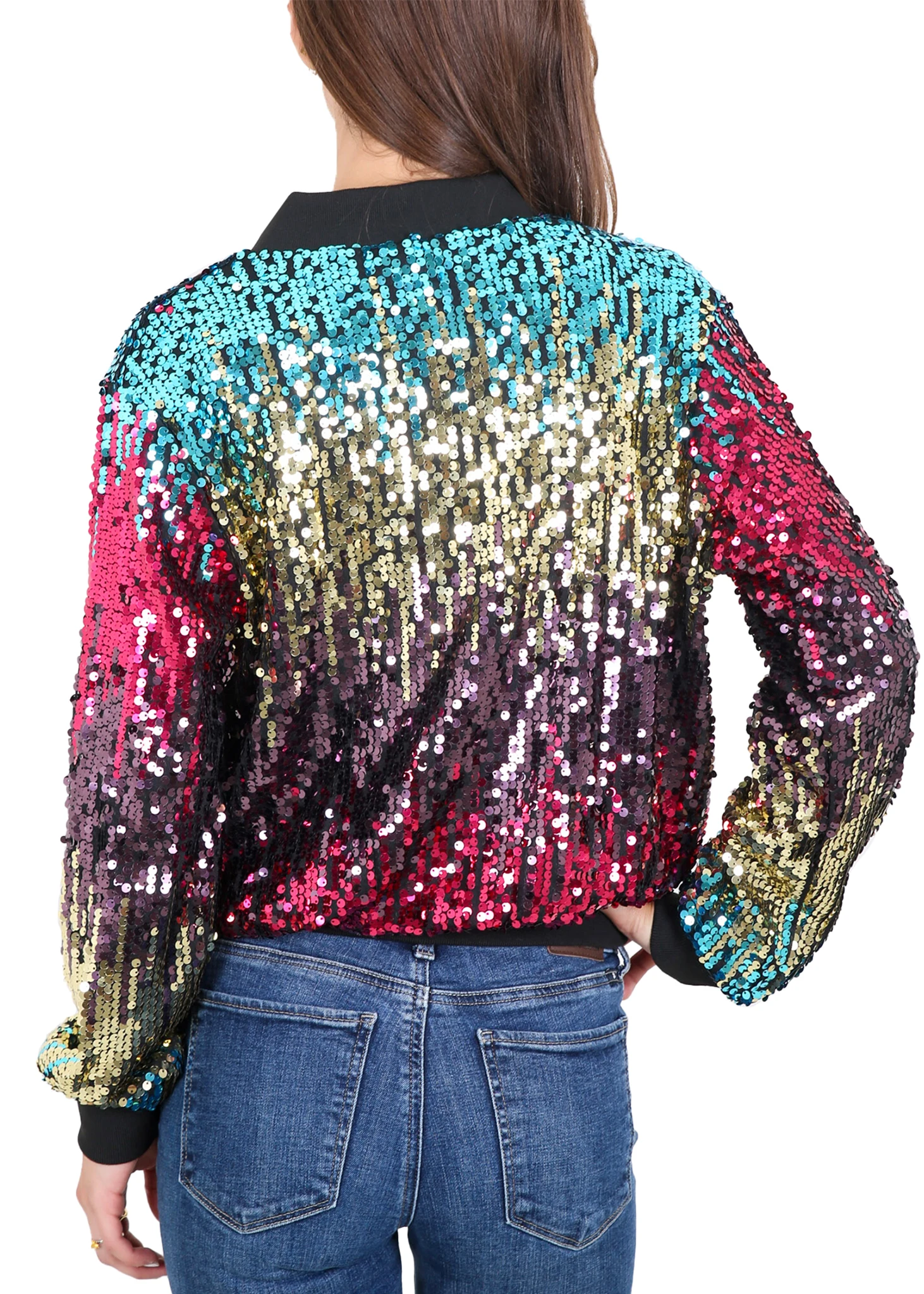 Womens Sequin Jacket Sparkle Long Sleeve Front Zip Casual Blazer Bomber Jacket With Pockets