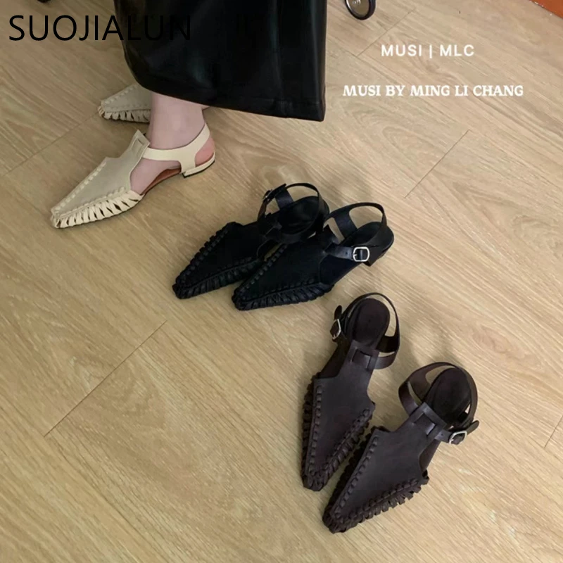 SUOJIALUN Summer New Women Sandal Fashion Close Toe Ankle Strap Ladies Casual Gladiator Shoes Soft Flat Heel Dress Slingback Sho