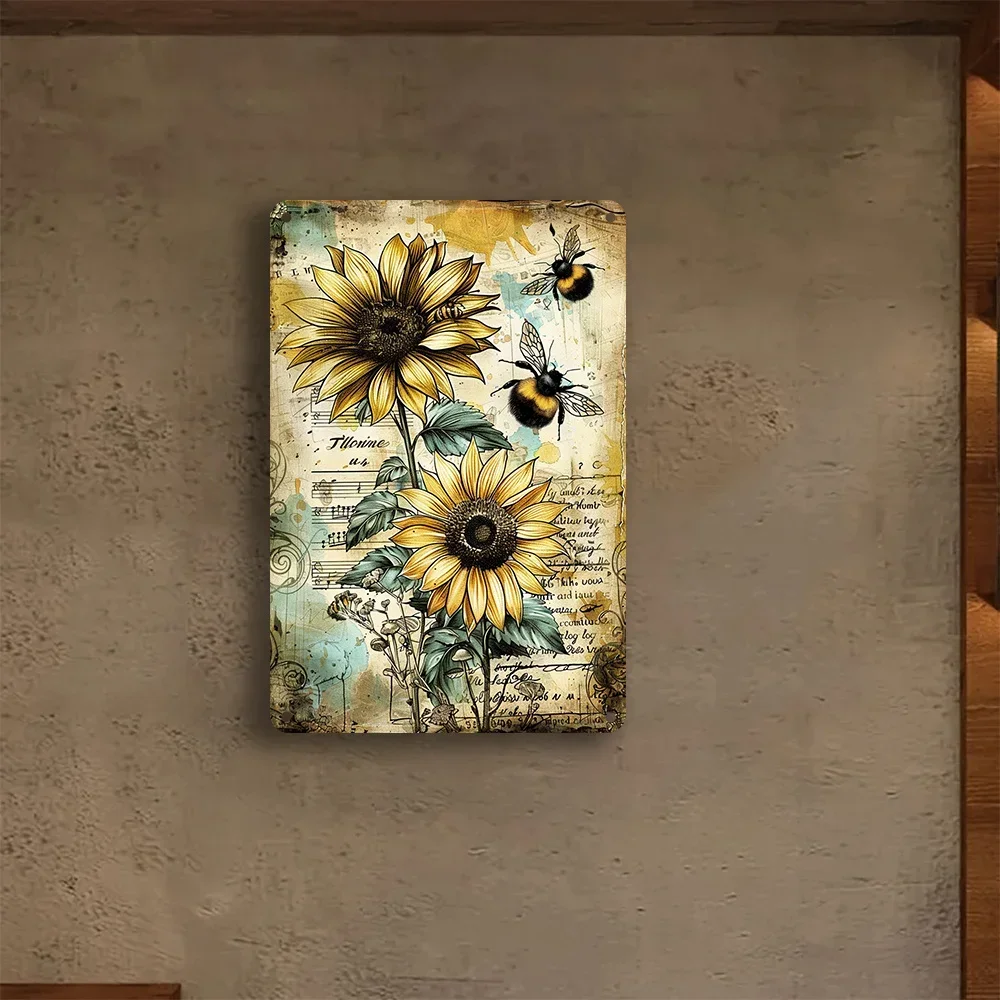 1PC Vintage Sunflowers and Bees Metal Wall Art Size 8x12 Inches Iron Construction Rustic Indoor Outdoor Decorative Signs