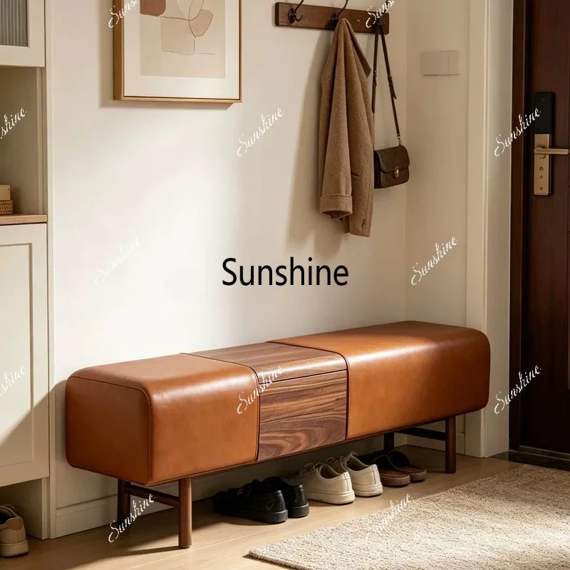 French solid wood storage and shoe-changing stool, home living room long stool, genuine rest stool