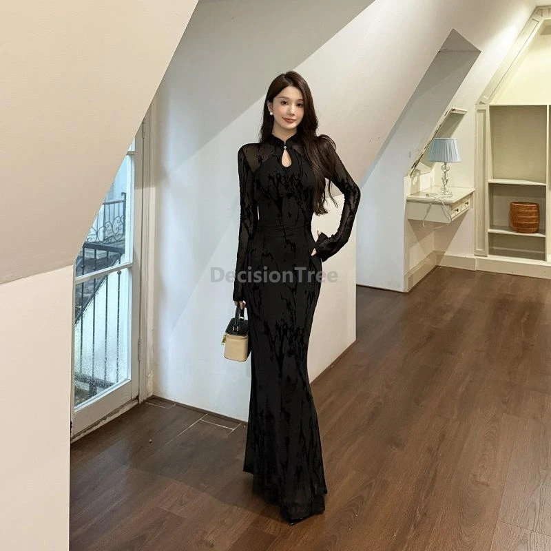 

Новое платье-ципао 2026 года в улучшенном китайском стиле: черное, с длинным рукавом, сексуальное, приталенное, подчеркивающее фигуру, для повседневной носки.