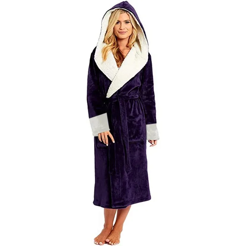2026 Women Long Plush Bathrobe Warm Fleece Hooded Winter Loungewear Soft Cozy