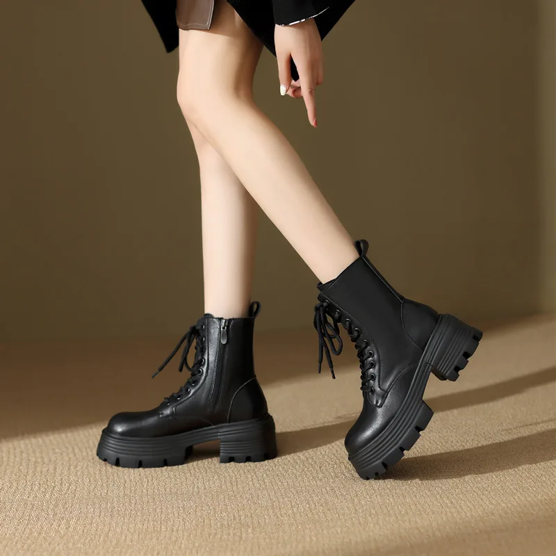 Med Heel Boots Shoes Boots-Women Round Toe Luxury Designer Zipper 2025 Ankle Ladies Flat Rock Lolita Fashion Autumn PU Basic Co