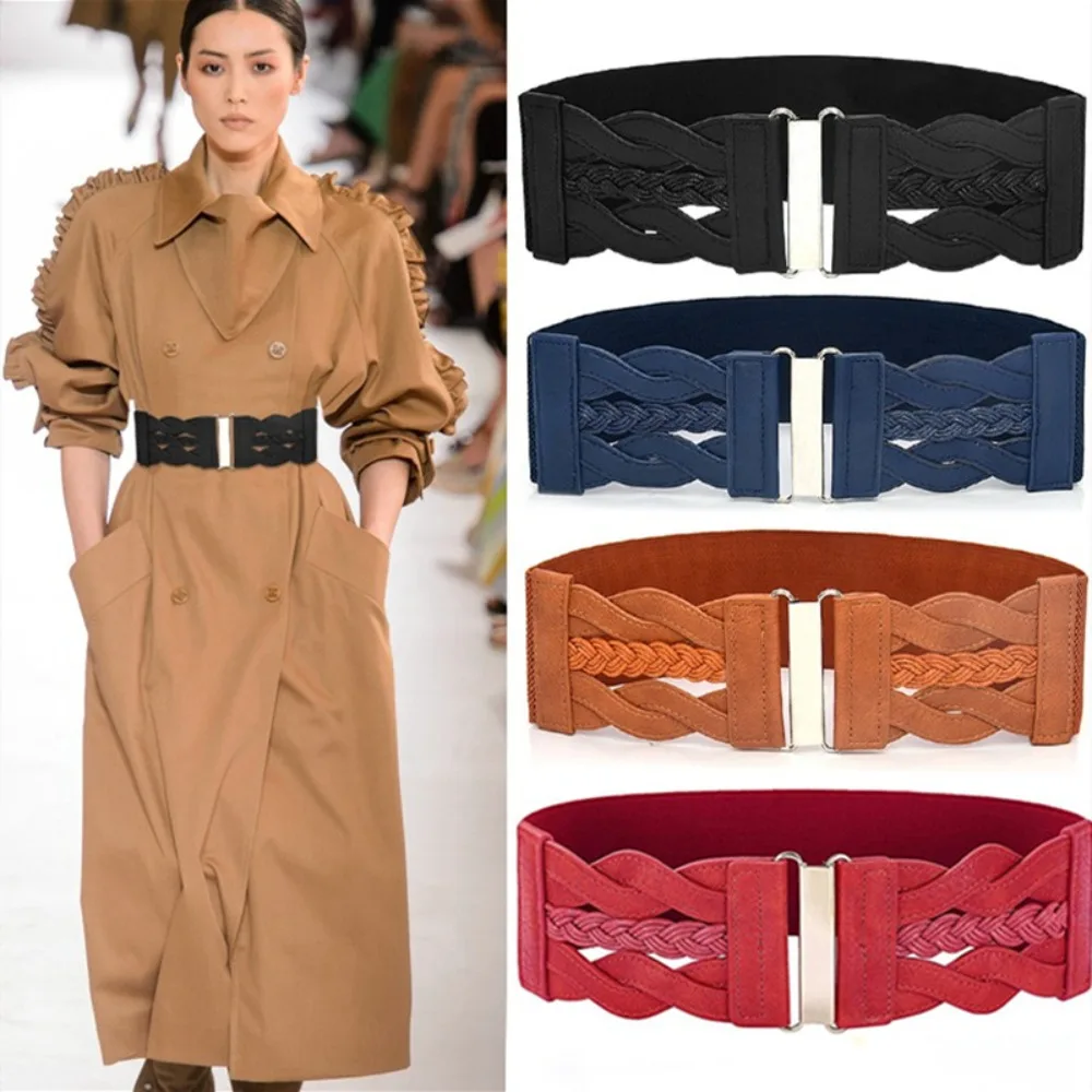 

Metal Buckle Woven Stretch Girdle Wide Side Elastic Women Waistbands Trouser Decor Korean Style Leisure Wide Belt Ladies/Girls