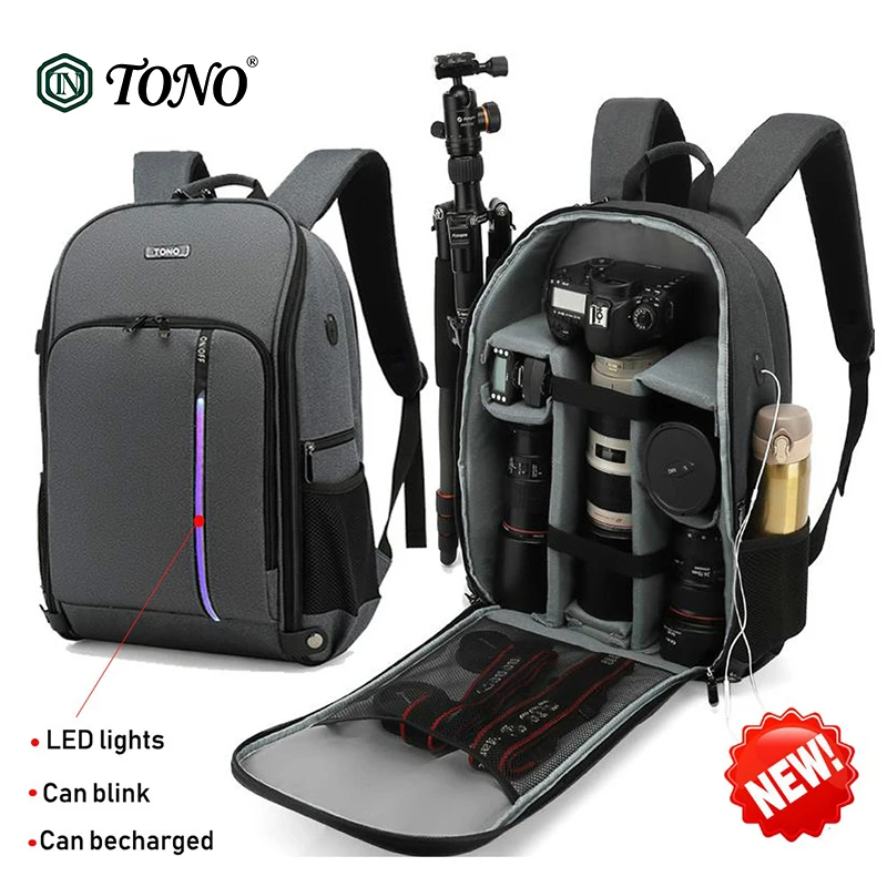 Multifunctional Camera Bag Backpack Waterproof Shockproof LED Light with Tripod Strap & Rain Cover for Canon Sony DSLR Drone