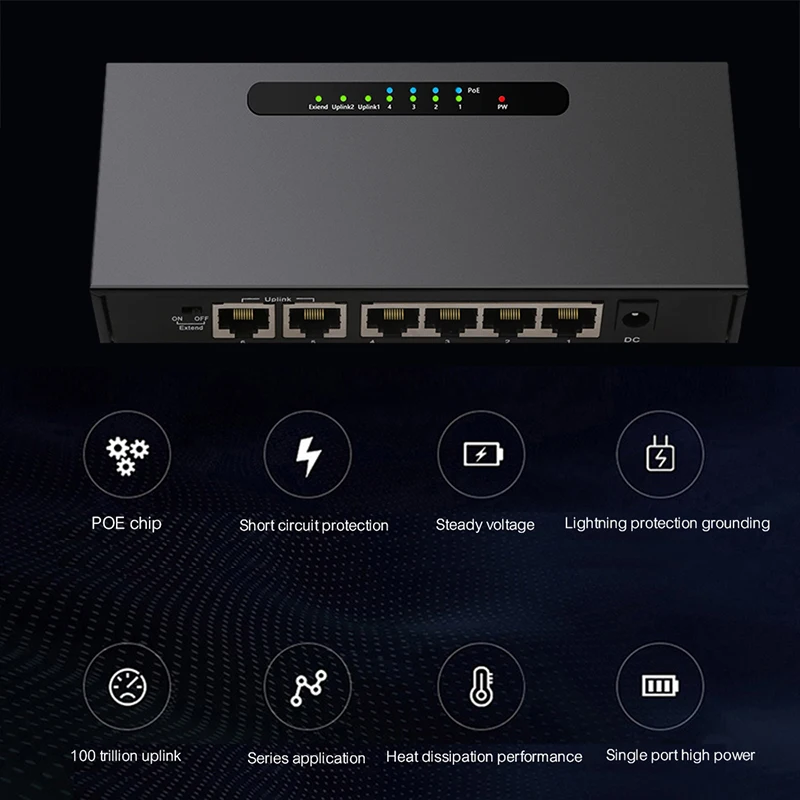 Duplo uplink poe switch rede switch ethernet hub rj45 100mbps switch poe 4 + 2 porto amplificador extensor monitor nvr câmera de vídeo