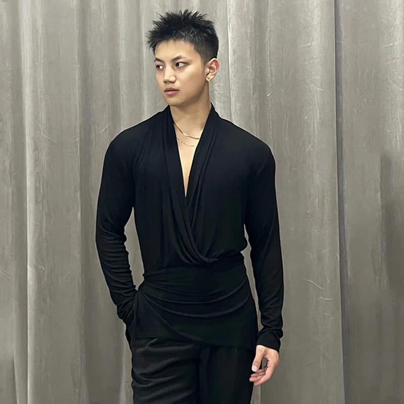 

Рубашки для танцевальных соревнований для взрослых и мужчин, топы для латинских танцев, с длинными рукавами и v-образным вырезом, черная тренировочная одежда, танго, ча-ча, бальные комнаты