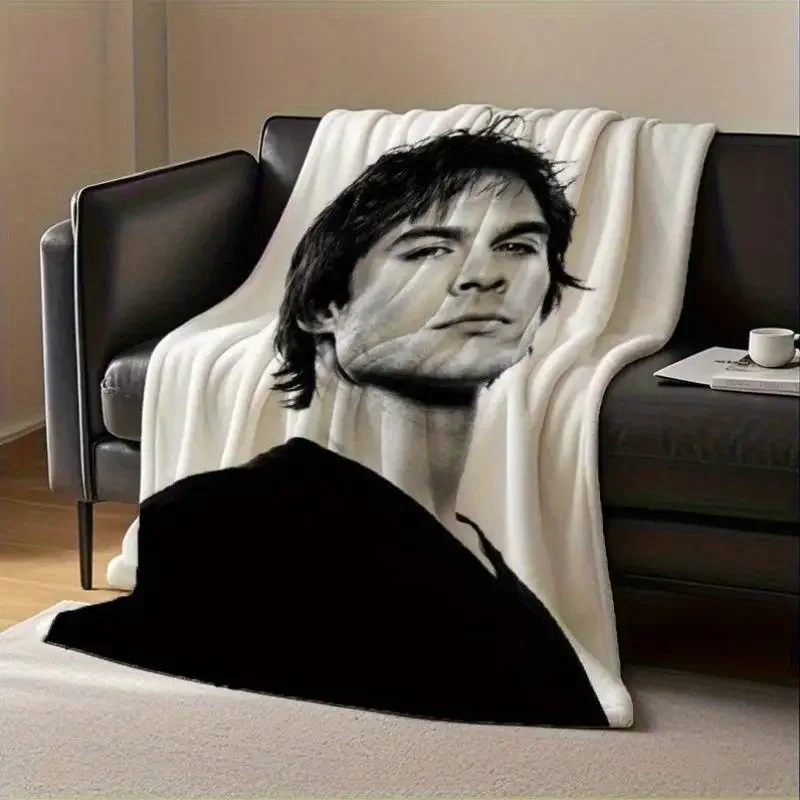 Custom Black & White 1pc Ian Somerhalder Portrait Blanket - Soft Flannel Bedspread, Actor Photo Print, Suitable For Sofa, Bed, C
