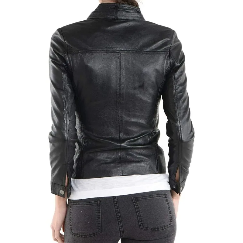 Women's Lambskin Leather Jacket Black Motorcycle Biker Slim Fit Basic Coat