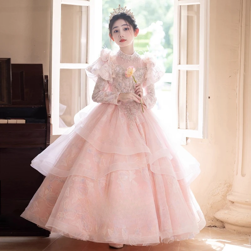 

Платье с цветочным узором для девочек с длинными рукавами, детское розовое праздничное платье принцессы для девочек, детские платья для выступлений на фортепиано на день рождения