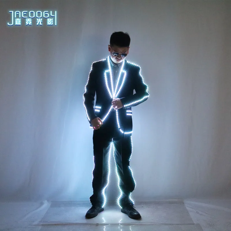 LED luminous suit, evening dance, colorful glasses, stage DJ, atmosphere, clothing, bar, night performance, fluorescent suit