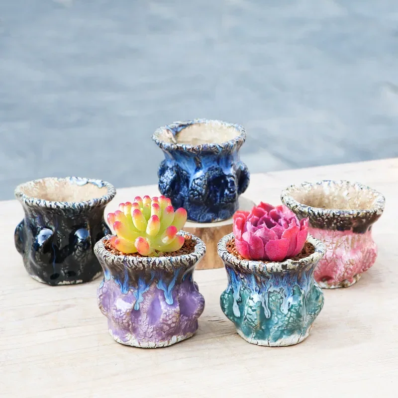 Burst Flow Glaze Fleshy Flowerpot Creative Manual Home Decoration Small Thumb Basin Breathable Coarse Pottery Basin