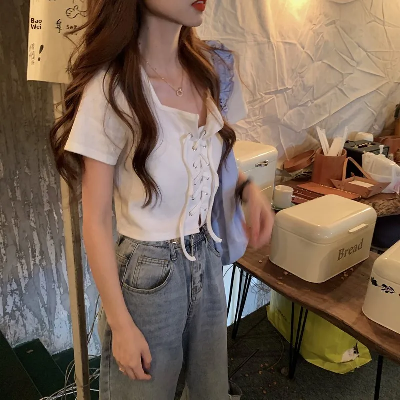 

White ort Sve T-irt Women's Summer Faion Design Bore Hole Crop Top Korean Sle round Ne Slim Fit Cotton Tee