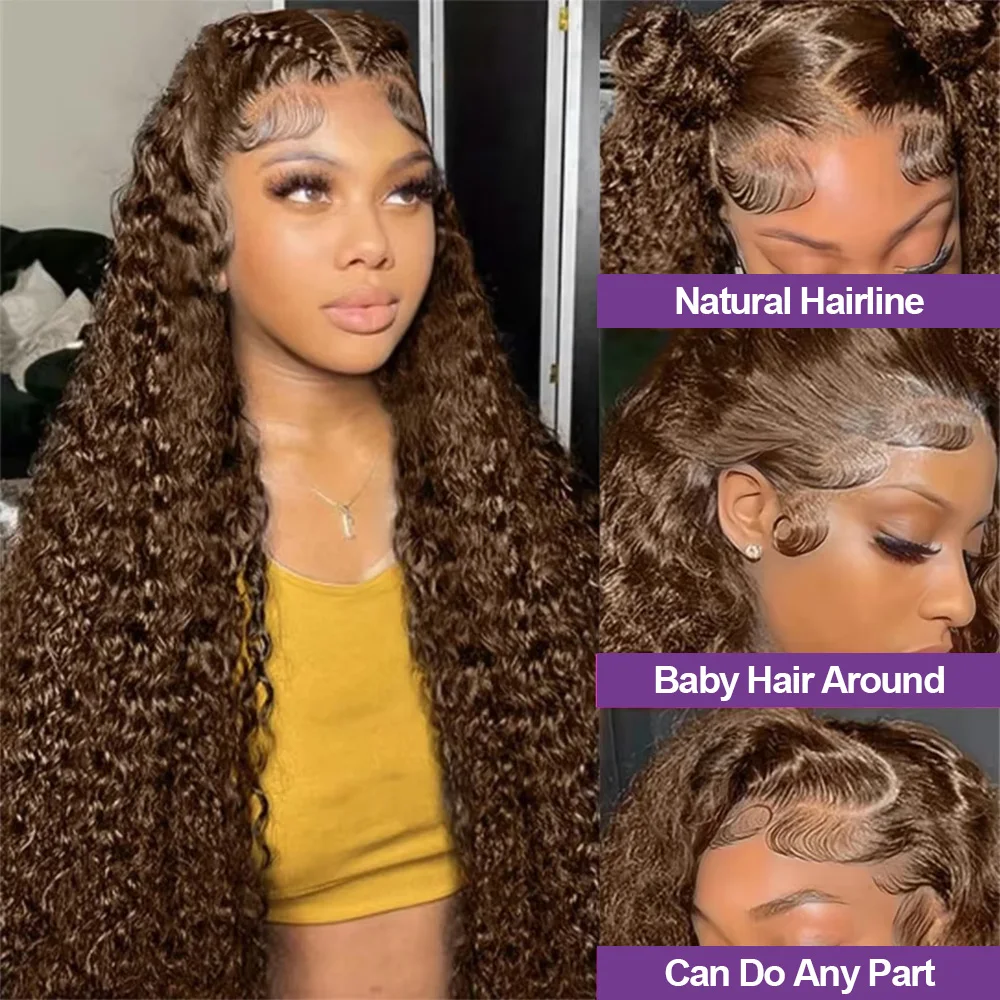 Perruque Lace Front Wig Naturelle Bouclée, Cheveux Humains, Couleur Brun Chocolat, 13x6 HD, 30/34 Pouces