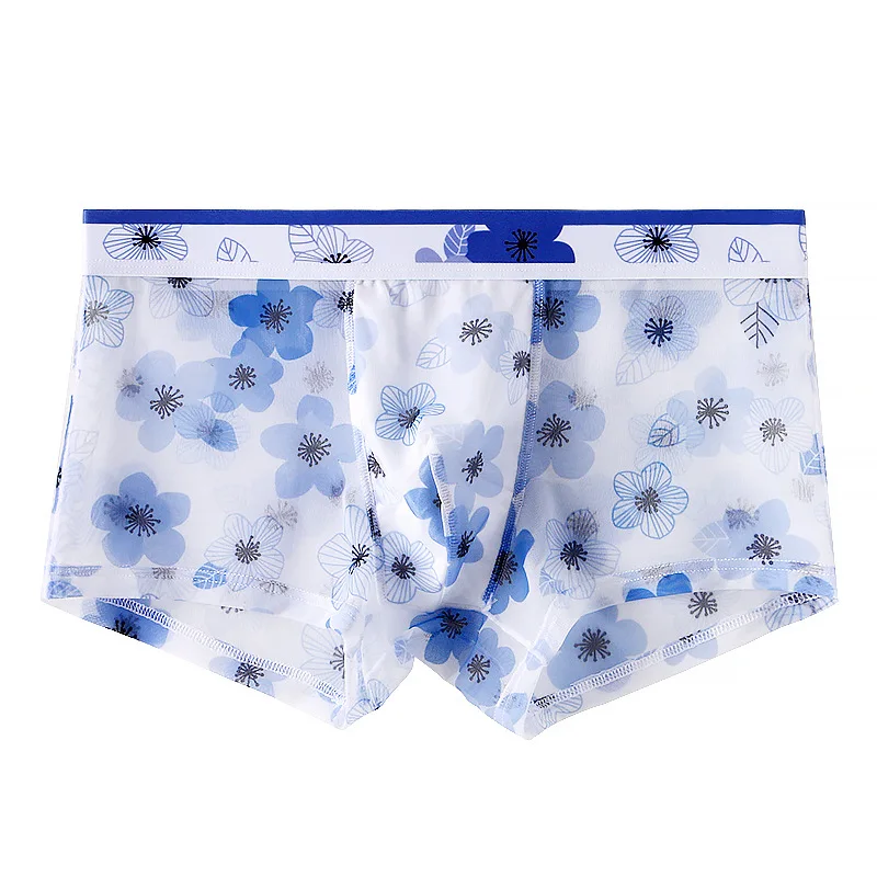 New Men\'s Boxer Shorts Ultra-thin Transparent Mesh Ice Silk Print Breathable Panties Male