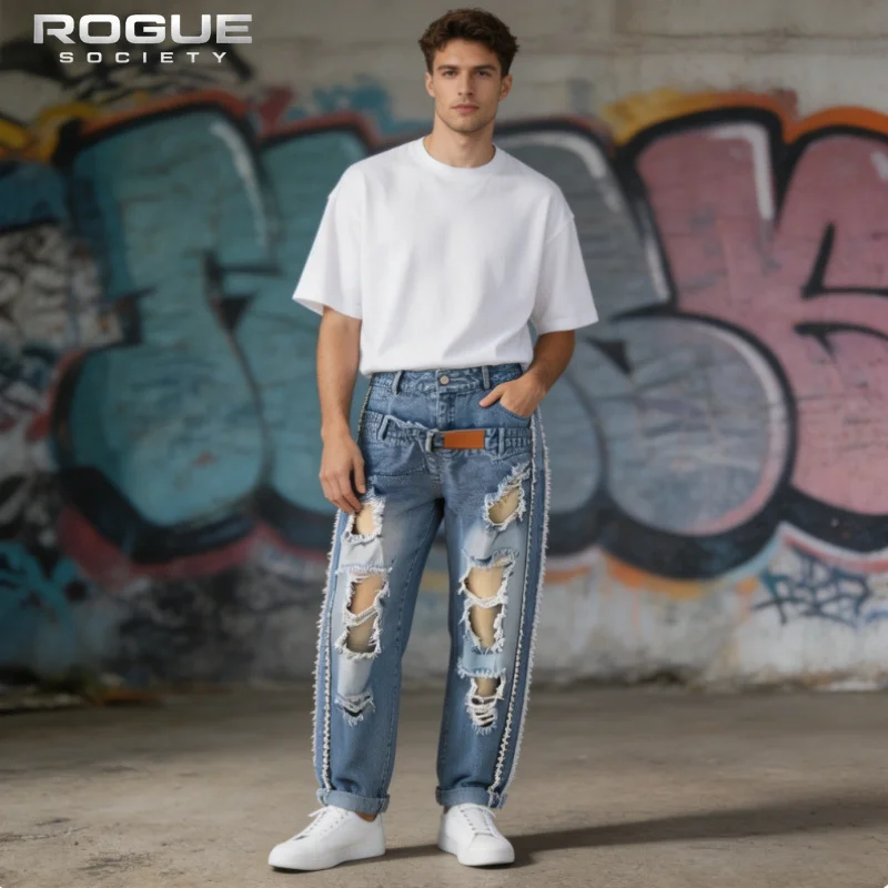 Trendy Fashion American Streetwear Distressed Baggy Jeans Men Women High Waist Y2K Style Slim Denim Pants Casual Street Trousers