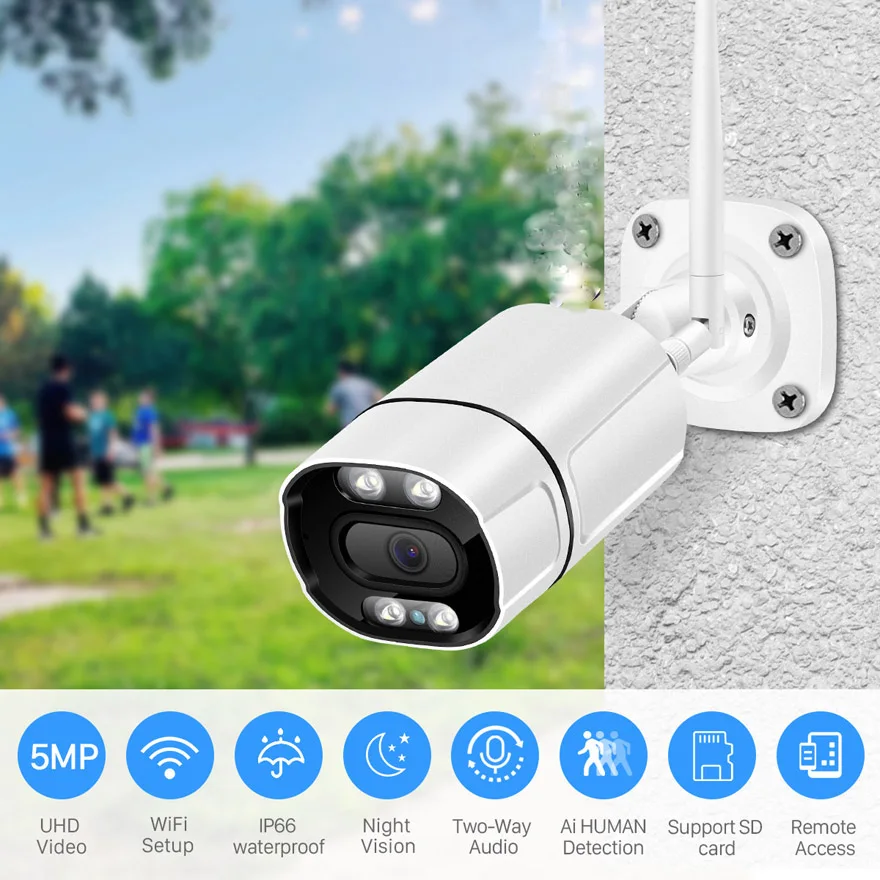 

5MP Wireless WiFi Security Camera Outdoor IP66 Waterproof, Night Vision, iCsee APP, SD Card Recording, Surveillance IP Camera