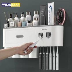 WIKHOSTEAR Wall mounted Toothbrush Holder Magnetic Adsorption Inverted Toothpaste Squeezer Double Automatic Toothpaste Dispenser