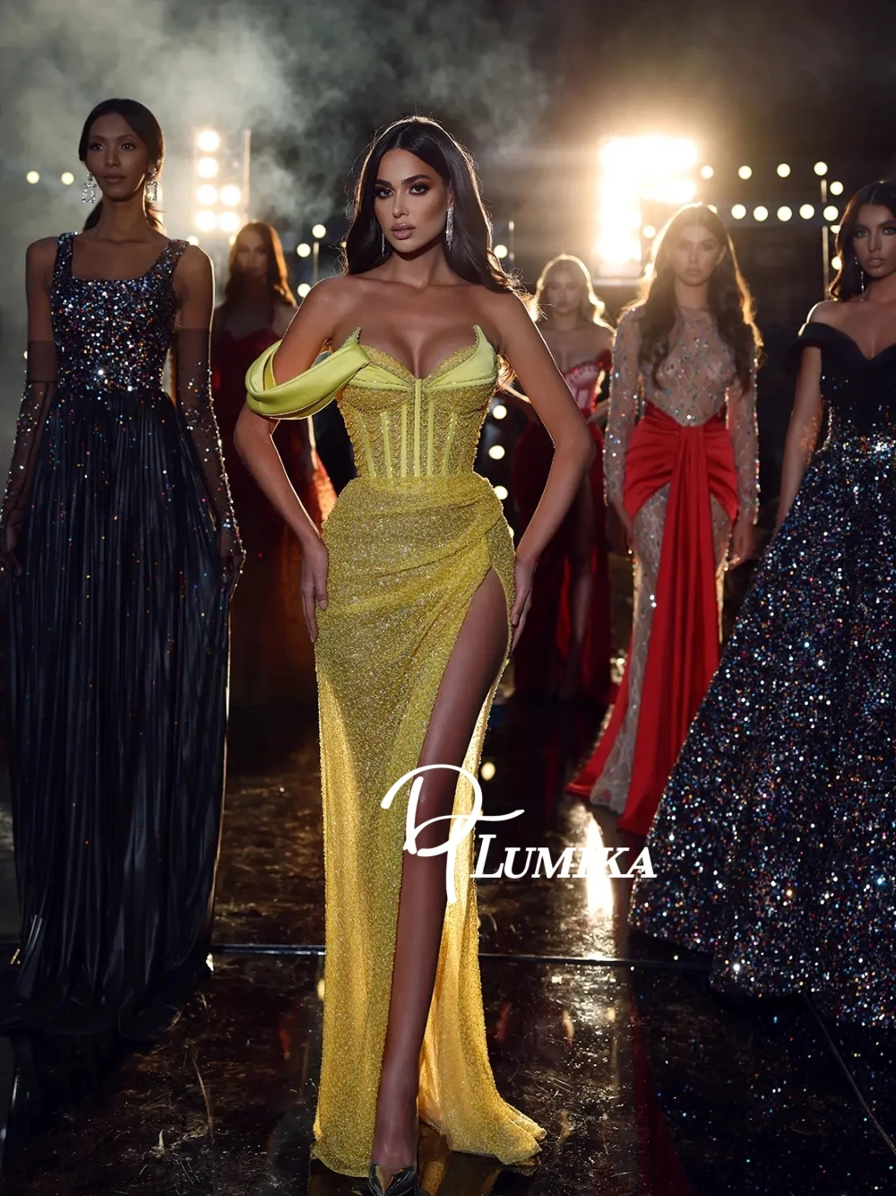 

Yellow Sparkling Evening Dress Delicate Chains Corset Customized Prom Gown Statement Sexy High Slit Formal Events Women Wear