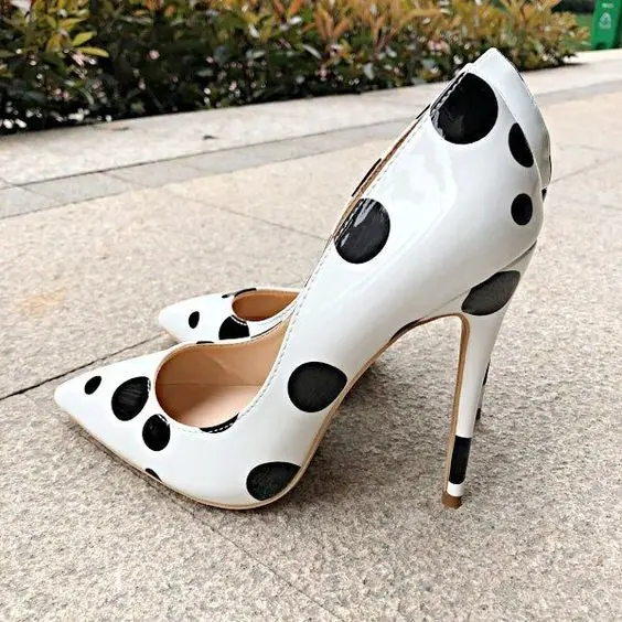 Women Black/White Patent Leather Dots High Heels 12cm 10cm 8cm Stiletto Heels Pointed Toe Slip On Shallow Female Casual Shoes