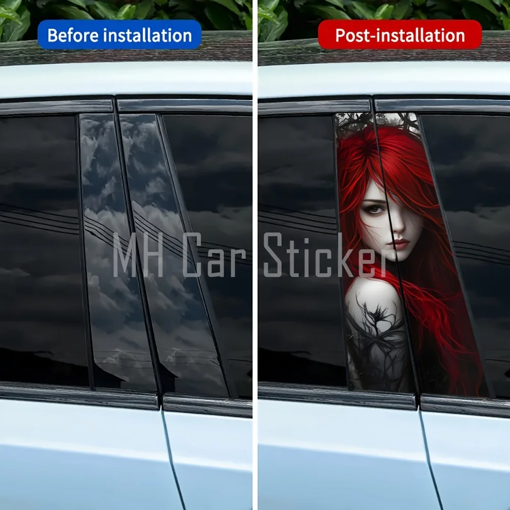 

2-Pack High Quality Car Stickers Red Hair Muse Pattern Door Post Stickers Self-Adhesive Waterproof B-pillar Protective Film