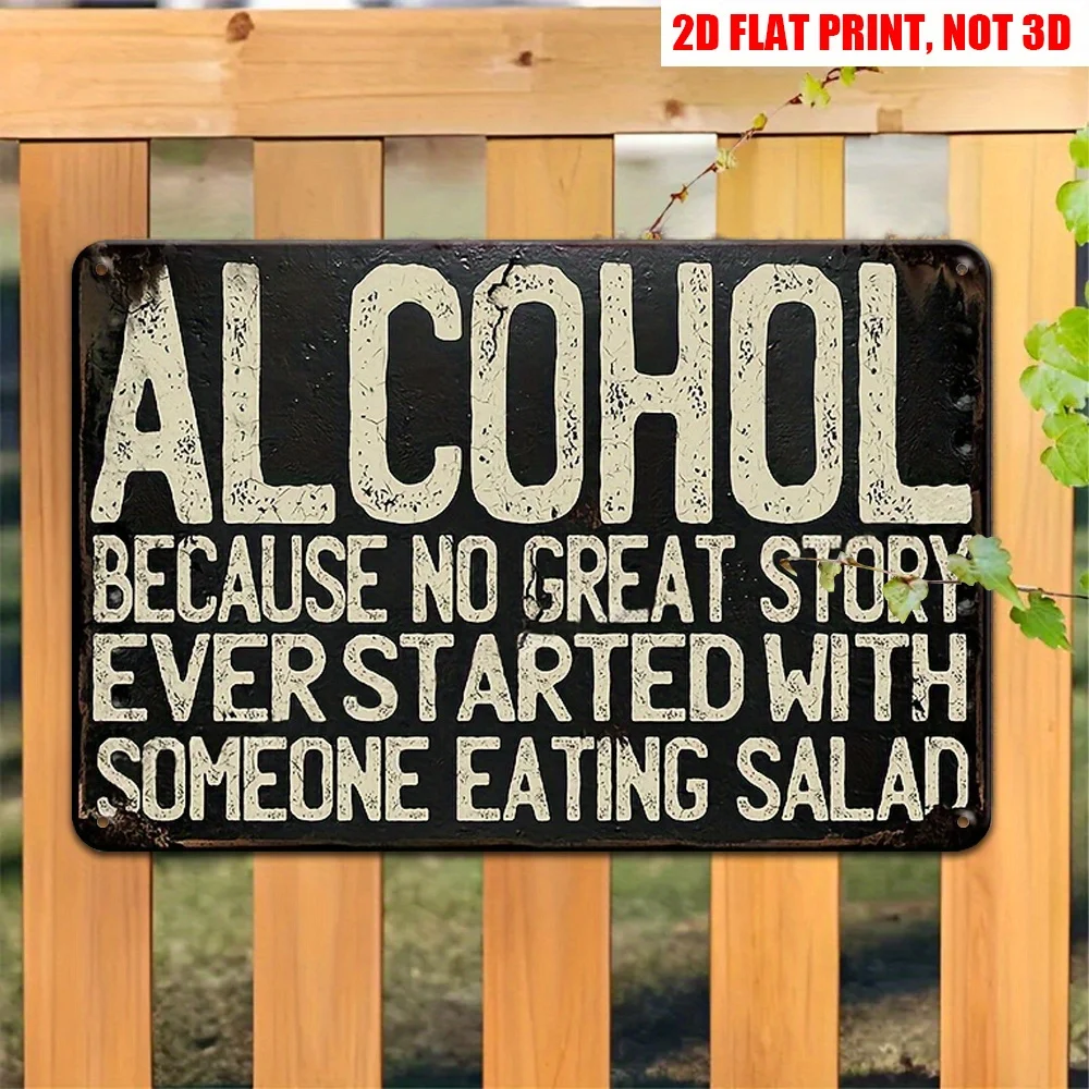 2D Flat Retro Humorous Alcohol Metal Aluminum Sign, 8 * 12 Inch Fun Bar Metal Decoration Plaque, Black Vintage Design Bar Wall