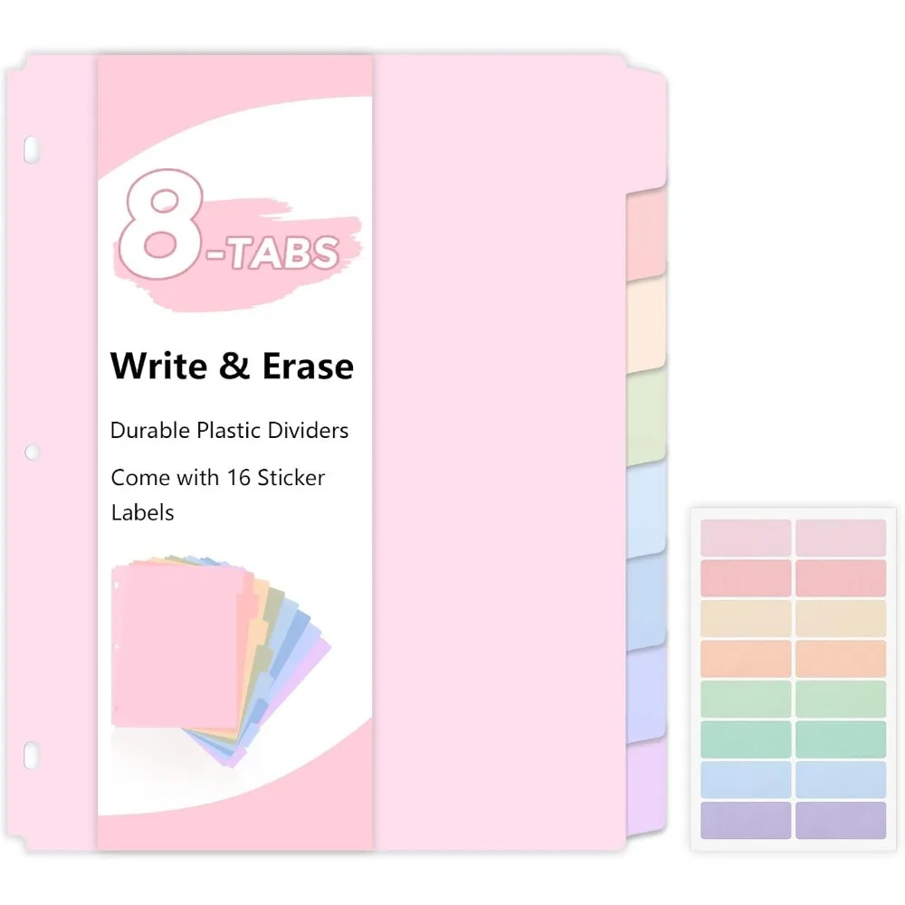 Durable Plastic Tab Dividers for Letter Size Binders, Write & Erase with 1 Set, Pastel Aesthetic for School and Office