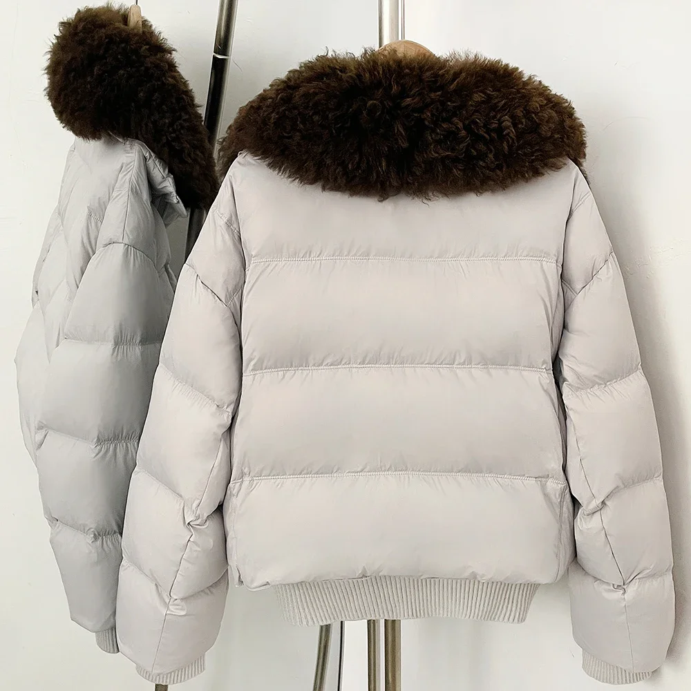 OFTBUY Damen Winterjacke, 90 % Daunenfüllung, Damenmantel aus echtem Lammfell, kurz, warm, aus natürlichem Fell, modische Steppjacke, Oberbekleidung. – Detail 11