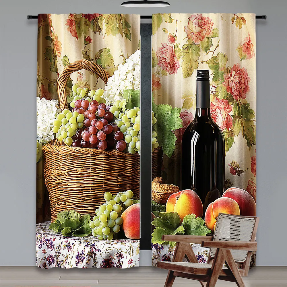 2Pcs Farmhouse Kitchen Curtains Vintage Grapes Fruits Oil Painting Rustic Flower Wine Art Printed Retro Country Living Room