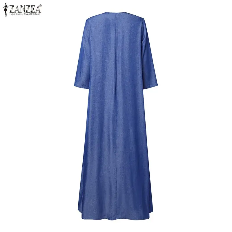 เดรสยีนส์ปลอมสีน้ำเงิน ZANZEA รุ่นฤดูใบไม้ร่วง ปี 2025 สำหรับผู้หญิง คอทรงโอ แขนยาว จับจีบ ติดกระดุม  ชุดเดรสทำงานสุดหรู