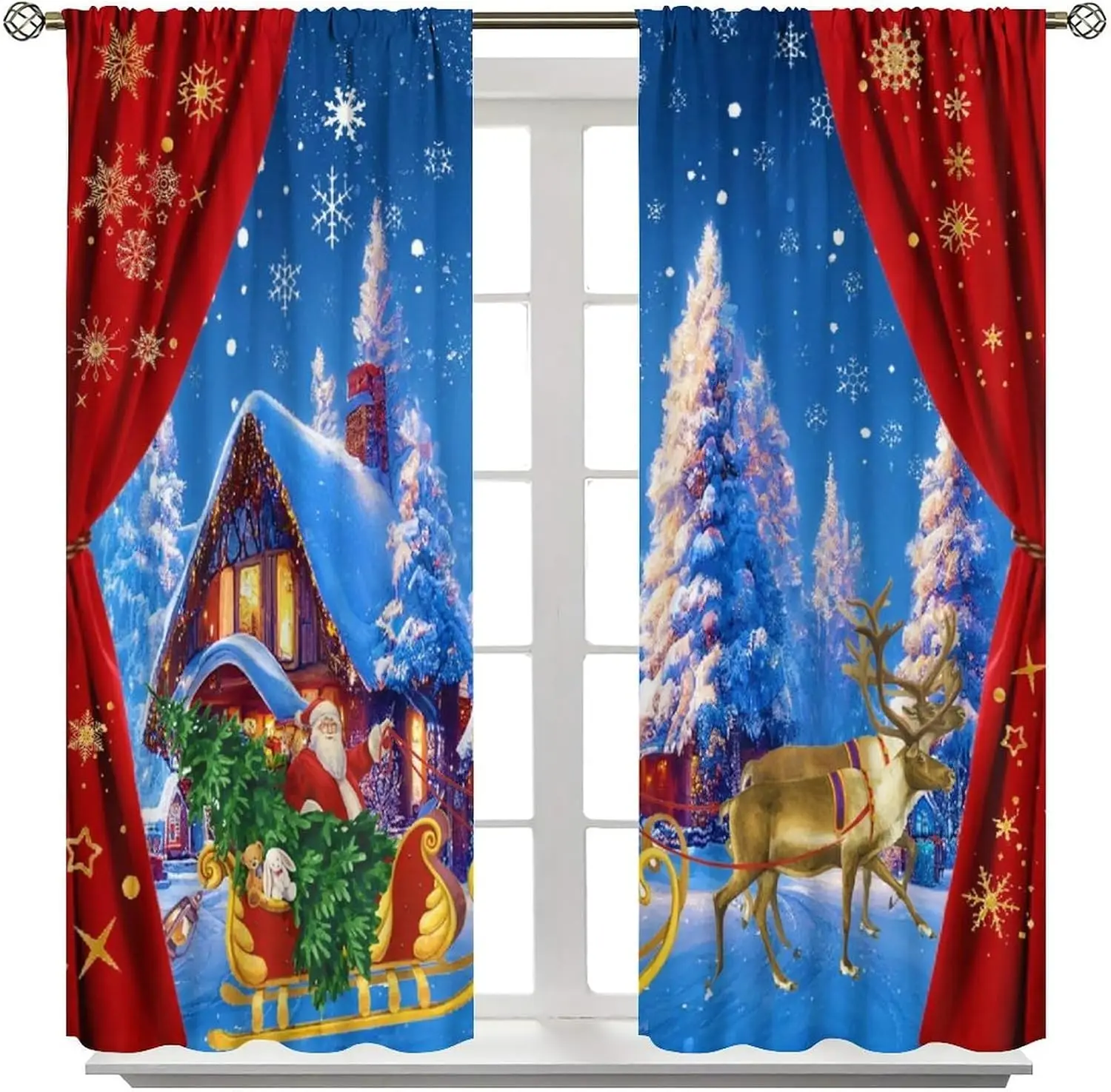 Christmas Santa Curtain Panels, Santa Sleigh Reindeer Snowy Cabin Winter Scene Print Drapes for Bedroom Window Home Decor