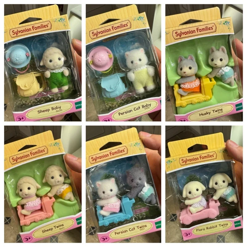 ตัวการ์ตูนอะนิเมะตระกูลซิลวาเนียนของแท้ของเล่นสำหรับเด็กมีกระต่ายช็อกโกแลตรถเข็นเด็กฝาแฝด