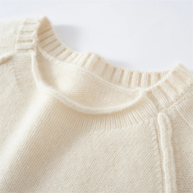 New Autumn Winter 100% Cashmere O-Neck Pullover Ribbed Trim Rolled Edge Loose Raglan Sleeve Sweater Casual Minimalist Daily Wear