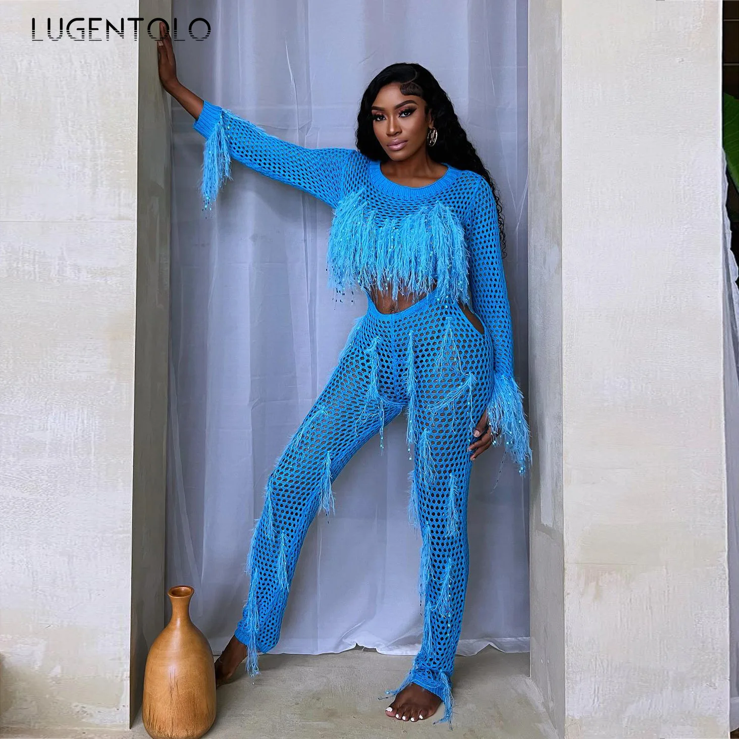 women sexy Tassel Jumpsuits Hollow Out Knit Crop Top And Matching Set lady new fashion Jumpsuit Beach Outfit Tracksuit Cloth