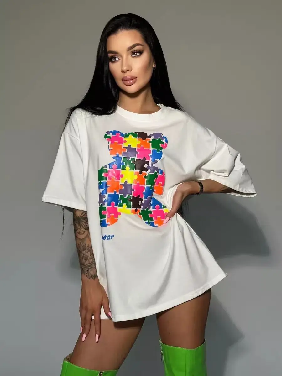 Funny Printed Loose All-match 100% Cotton Casual T Shirt Women Short Sleeve O Neck Casual American Oversized Tshirt 3XL Summer