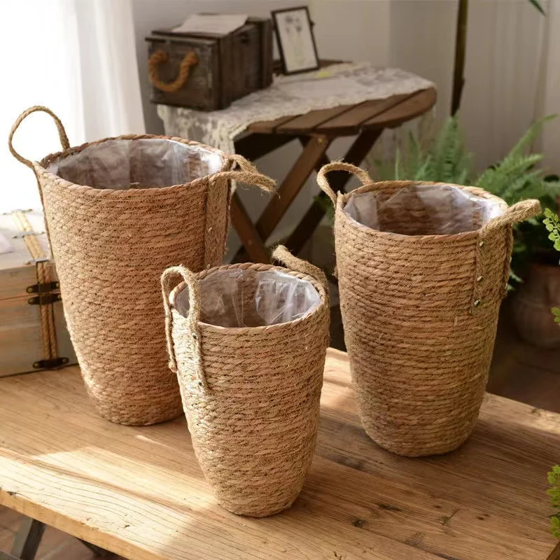 Cesta alta de mimbre Natural, maceta de flores, decoración de jardín, Cubo de lavandería, cestas de almacenamiento de ropa sucia, soportes de