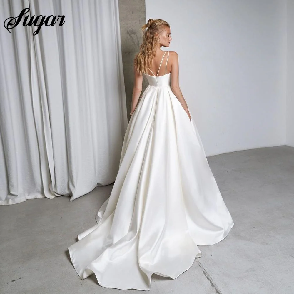 Elegant Satin Wedding Dress For Women Sexy Spaghetti Straps Ruched Pleats A- Line Simple Bridal Gown Vestido De Noiva Customize