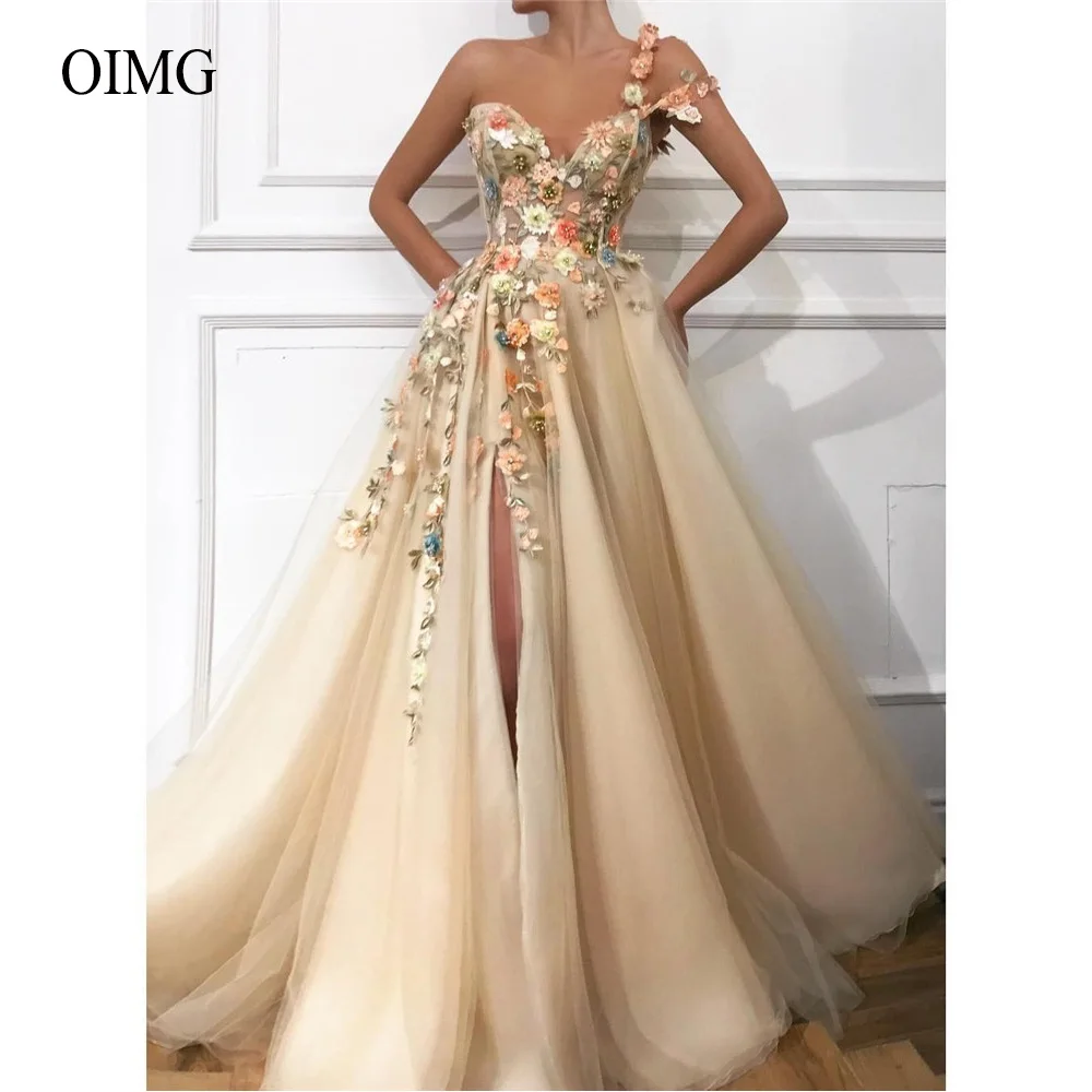 

OIMG A Line Beige Tulle Long Prom Dresses One Shoulder 3D Flowers Beads Side Slit Floor Length Evening Gowns Vestidos de fiesta