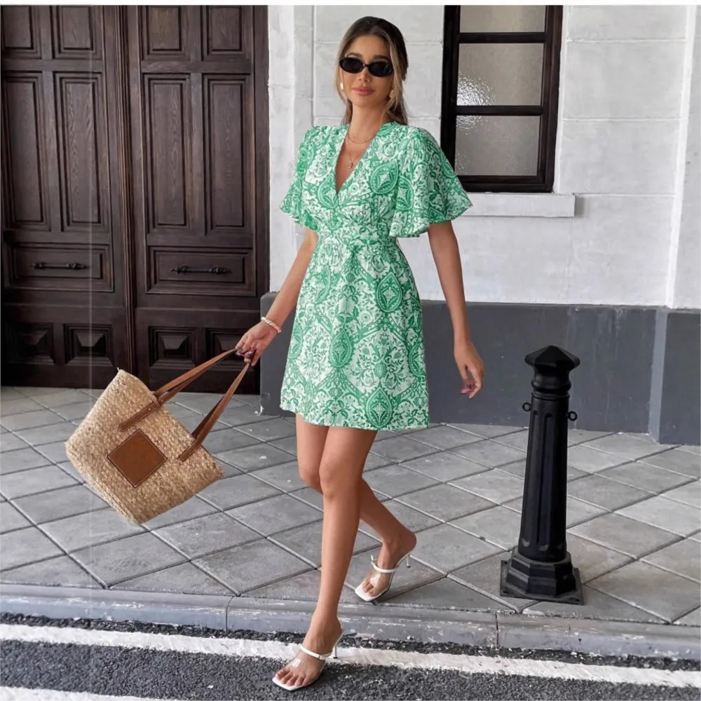 여름 프린트 러플 반팔 여성 비치 드레스 섹시한 딥 브이넥 캐주얼 휴가 우아한 여성 탄력 허리 미니 드레스