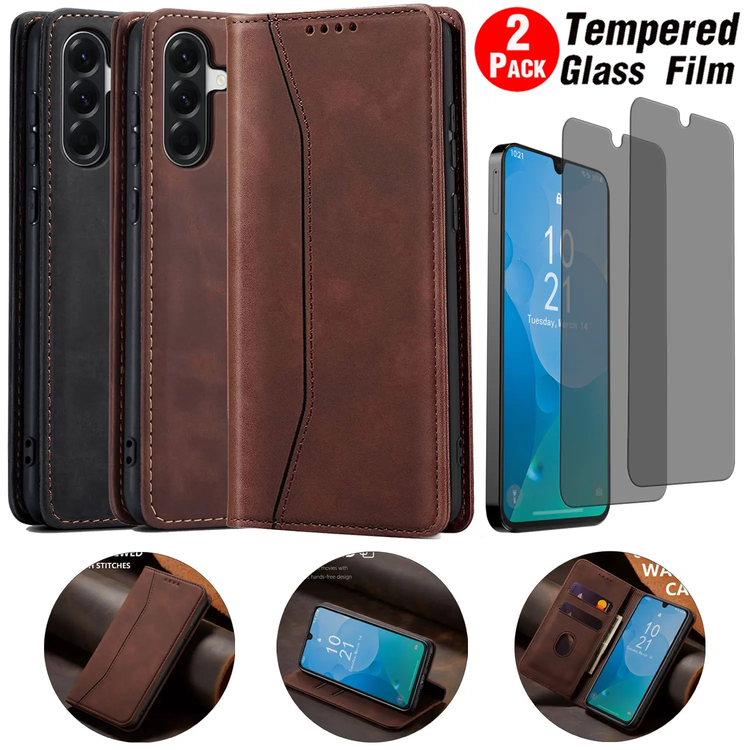 

Для Samsung Galaxy A17 кошелек из искусственной кожи, магнитный чехол, откидная крышка-подставка + 2 шт., защитная пленка из закаленного стекла для конфиденциальности