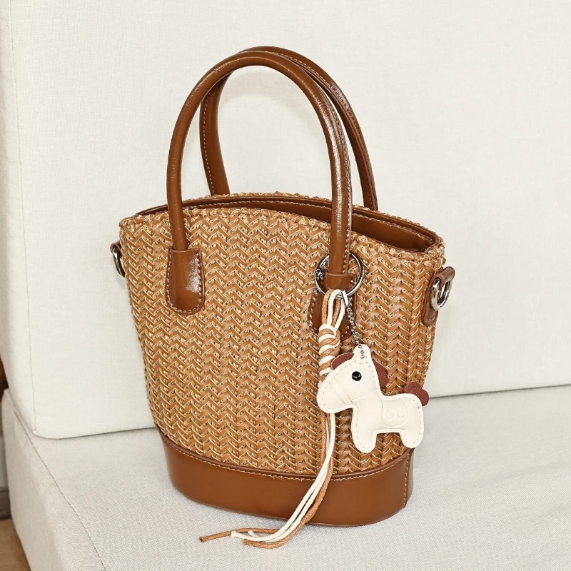 

Fashionable Leather Woven Bucket Handbag Summer Small Women's Single Shoulder Crossbody Bag Urban Minimalist Style Daily Match