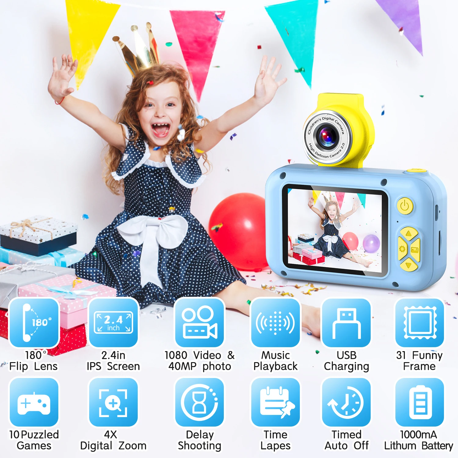 Fotocamera per bambini, fotocamera ARNSSIEN per bambini, fotocamera digitale con schermo IPS da 2,4 pollici, fotocamera per studenti Flip Len a 180 °, fotocamera per Selfie per bambini con Playb