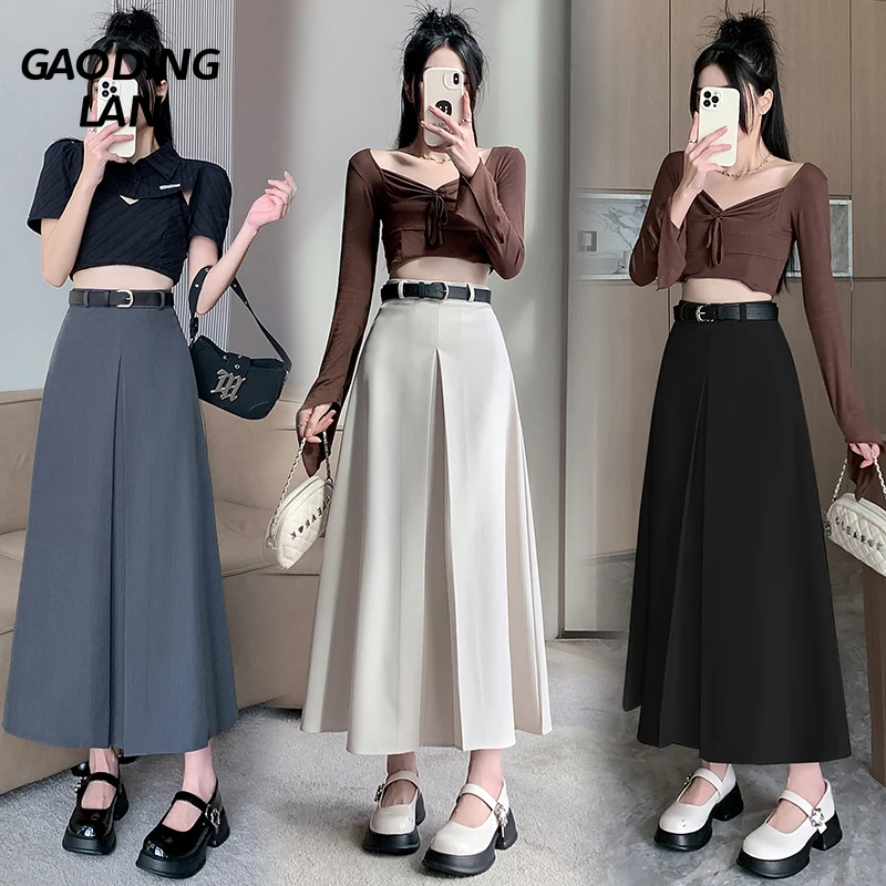 

GAODINGLAN Vintage Solid High Waist Women Skirt Summer Versatile A Line Long Suit Skirt Loose Hem Elegant Female Pleated Skirt