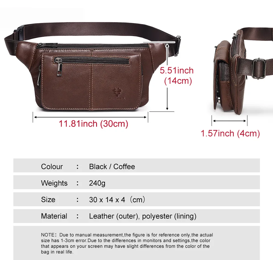 HUMERPAUL Herren-Hüfttasche aus echtem Leder, mehrere Taschen, Brusttaschen, verstellbarer Riemen, langlebige Hüfttasche für tägliche Reisen und Outdoor – Detail 4