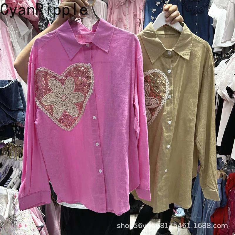 Fashionable New Autumn Long Sleeve Women Casual Shirt All-match Sequins Love Embroidery Cardigans Top Turn-down Collar 2026