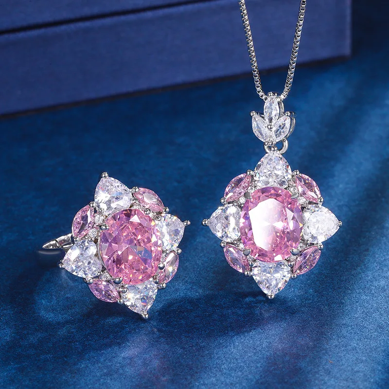 

Retro Style Clear Pink Yellow Cubic Zircon Pendant Necklace Adjustable Ring 2 Pieces Jewelry Set